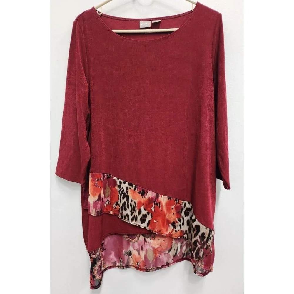 Chicos Travelers Slinky Tunic Top Womens 12 Red Floral Hem Asymmetric 3/4 Sleeve